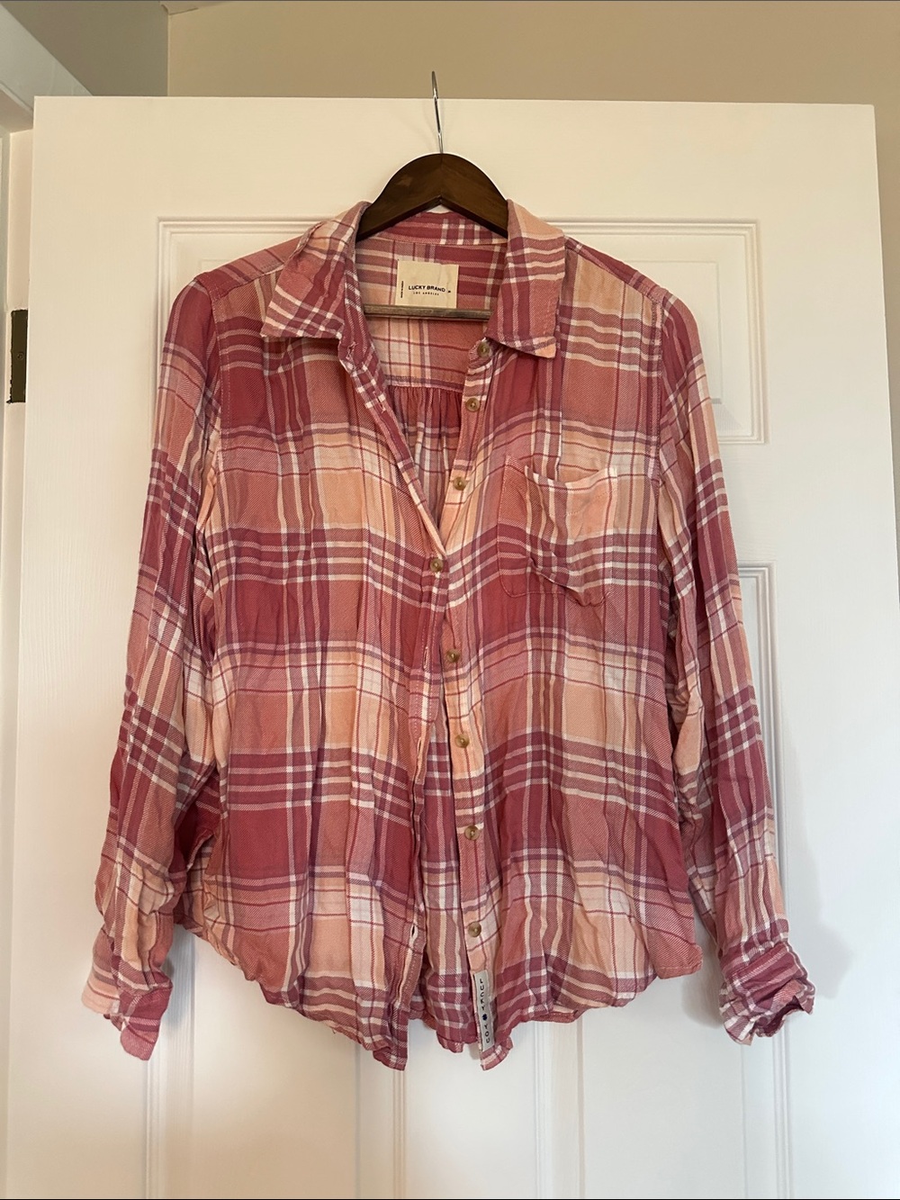 Lucky Brand Pink and Peach Plaid Button-Down Shirt